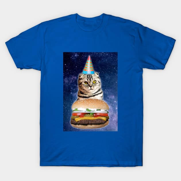 Funny Cheeseburger Birthday Space Cat T-Shirt by HungryDinoDesign